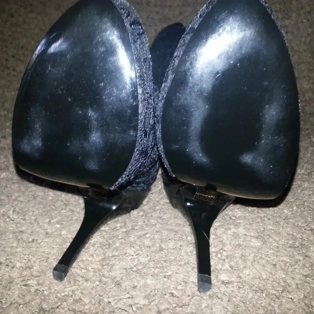 MARCIANO-Black Lace Overlay-Black Leather-Stiletto Boots-Size 5.5-Near Mint - Picture 7 of 7